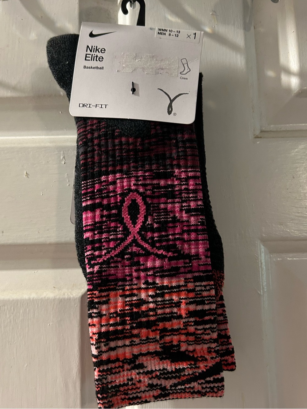 Nike Women’s Black and Pink Athletic Crew Socks with Awareness Ribbon